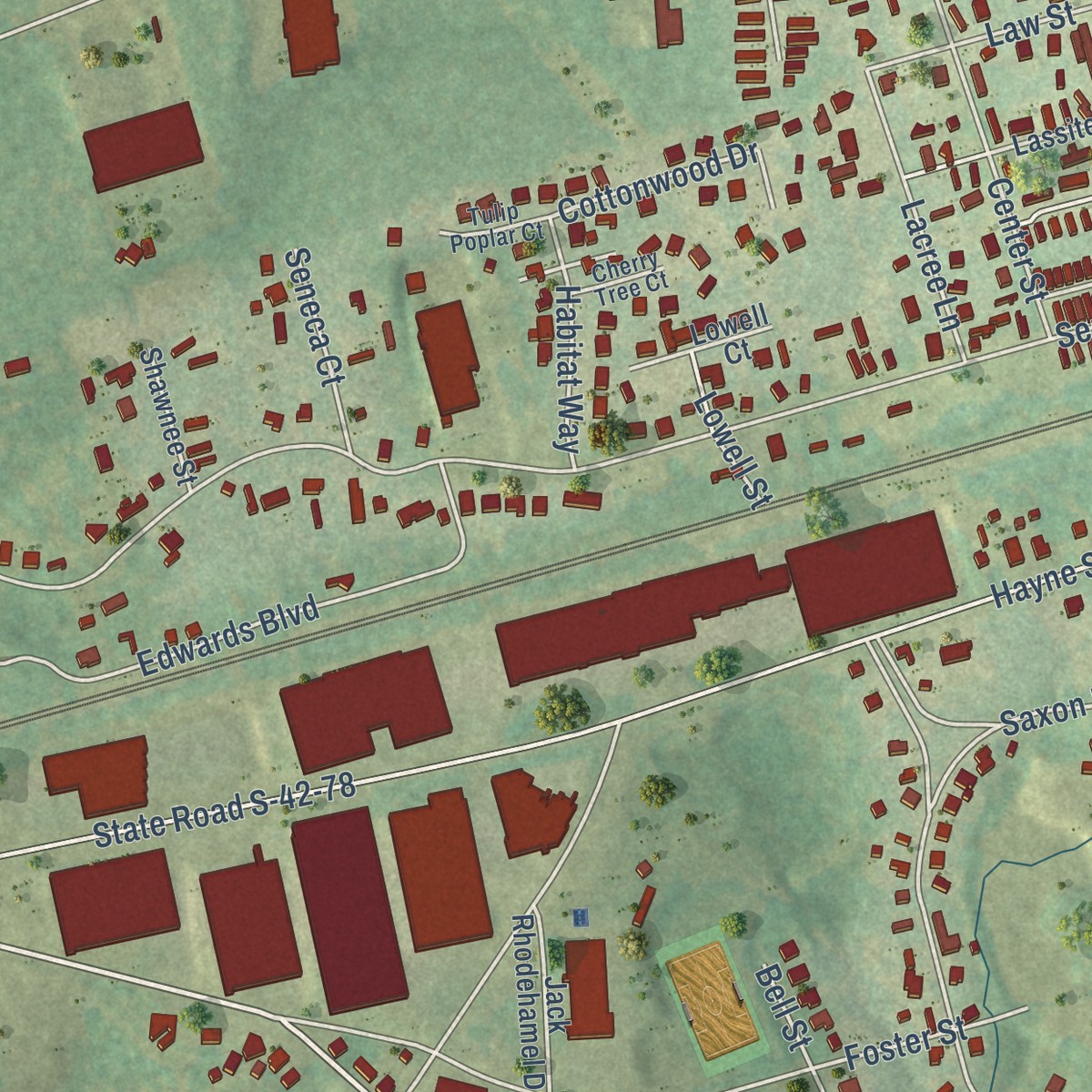 Second close-up of the map of Saxon, South Carolina print showing more streets and buildings