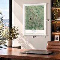 Saxon, South Carolina map, 18 x 24 inch print in a white frame in a home office