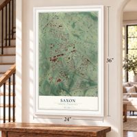 Saxon, South Carolina map, 24 x 36 inch print in a white frame by a staircase