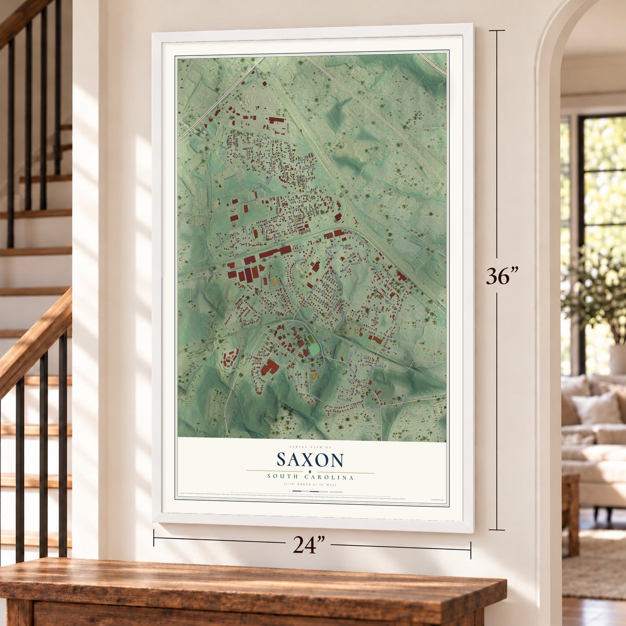 Saxon, South Carolina map, 24 x 36 inch print in a white frame by a staircase