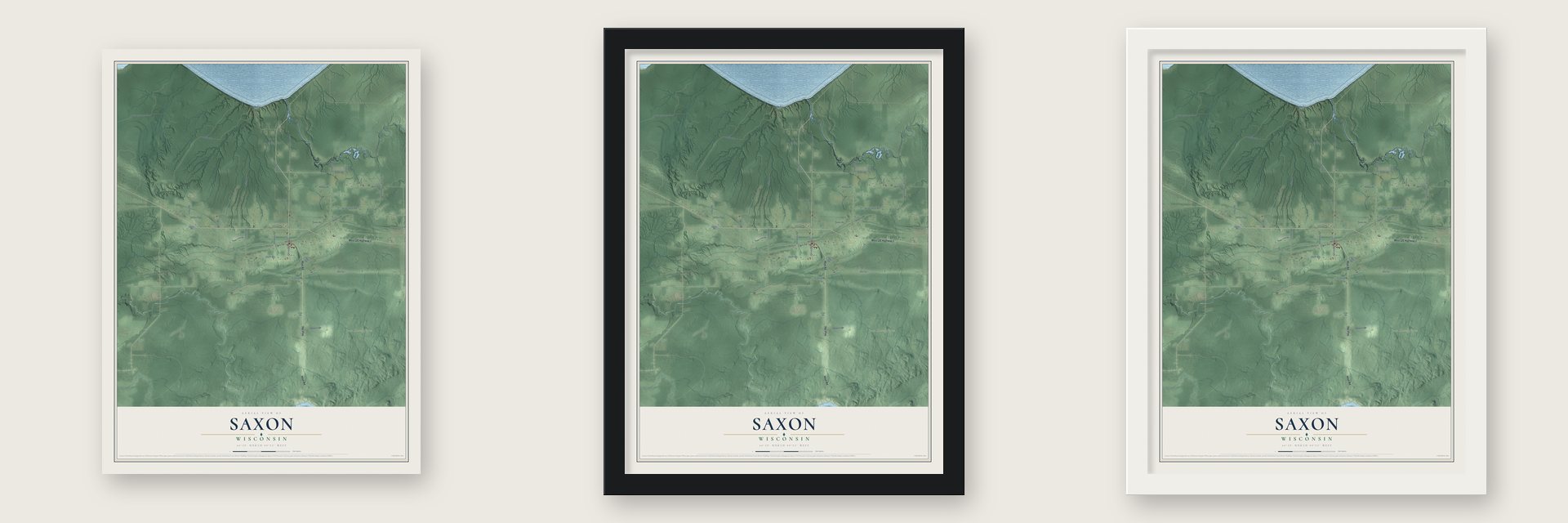 Saxon, Wisconsin map unframed, in a black wood frame and in a white wood frame