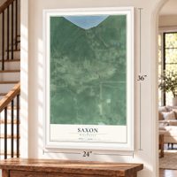 Saxon, Wisconsin map, 24 x 36 inch print in a white frame by a staircase