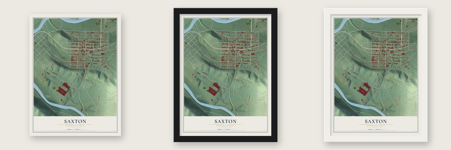 Saxton, Pennsylvania map unframed, in a black wood frame and in a white wood frame