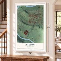 Saxton, Pennsylvania map, 24 x 36 inch print in a white frame by a staircase