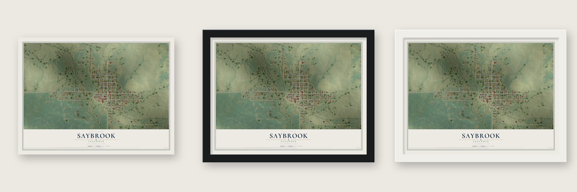 Saybrook, Illinois map unframed, in a black wood frame and in a white wood frame