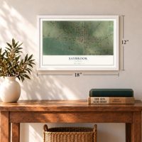 Saybrook, Illinois map, 12 x 18 inch print in a white frame in an entryway