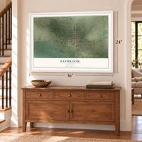 Saybrook, Illinois map, 24 x 36 inch print in a white frame above a dresser by a staircase