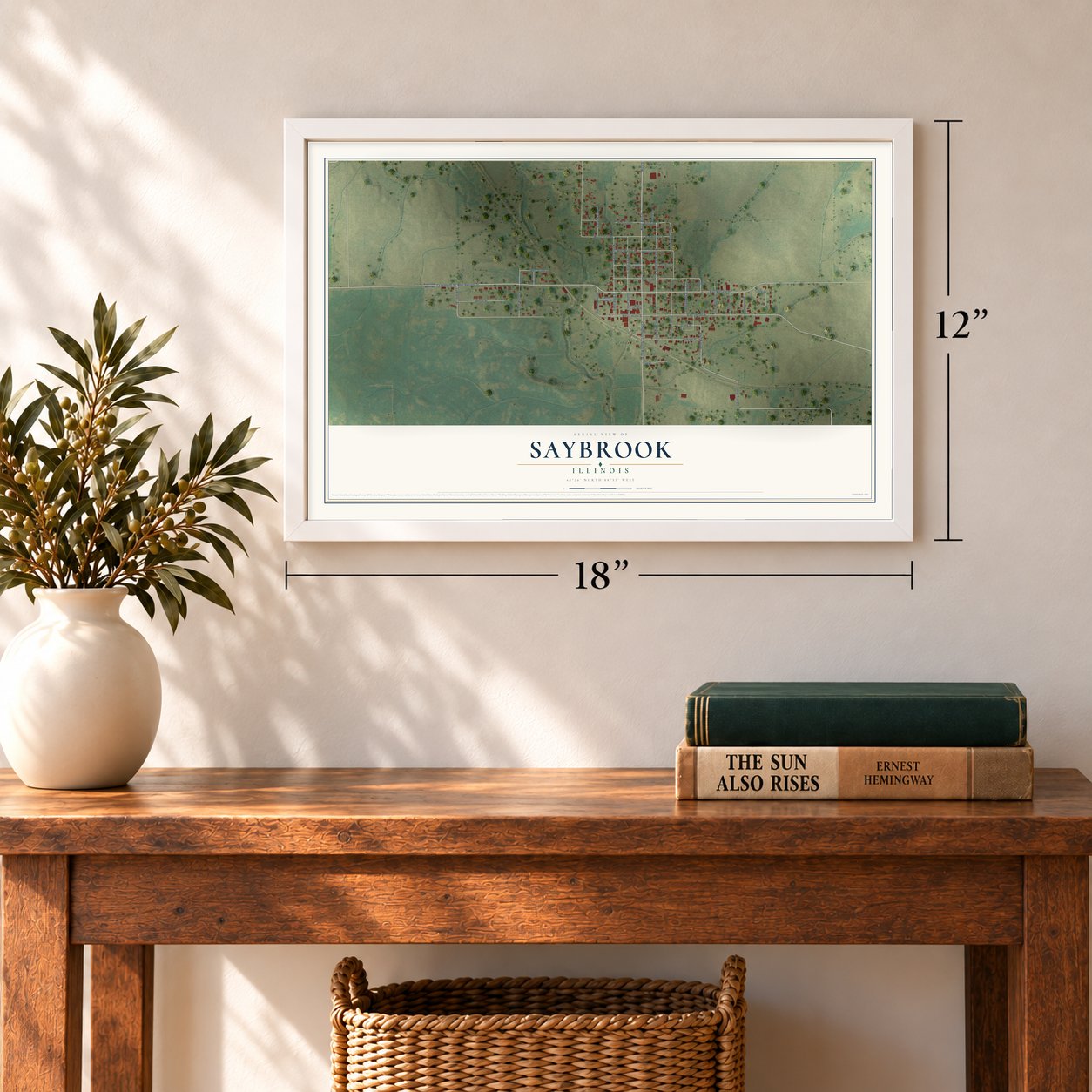 Saybrook, Illinois map, 12 x 18 inch print in a white frame in an entryway