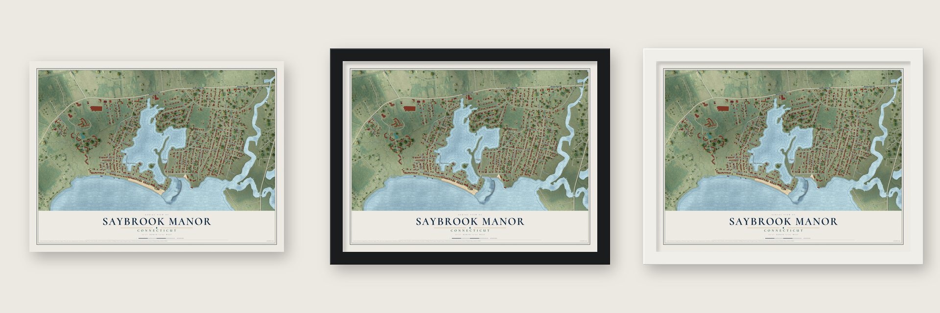 Saybrook Manor, Connecticut map unframed, in a black wood frame and in a white wood frame
