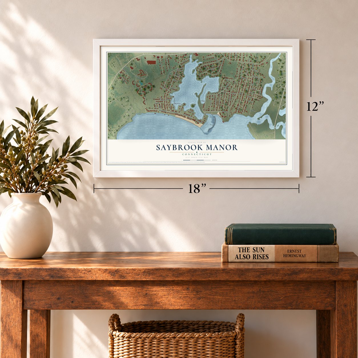 Saybrook Manor, Connecticut map, 12 x 18 inch print in a white frame in an entryway