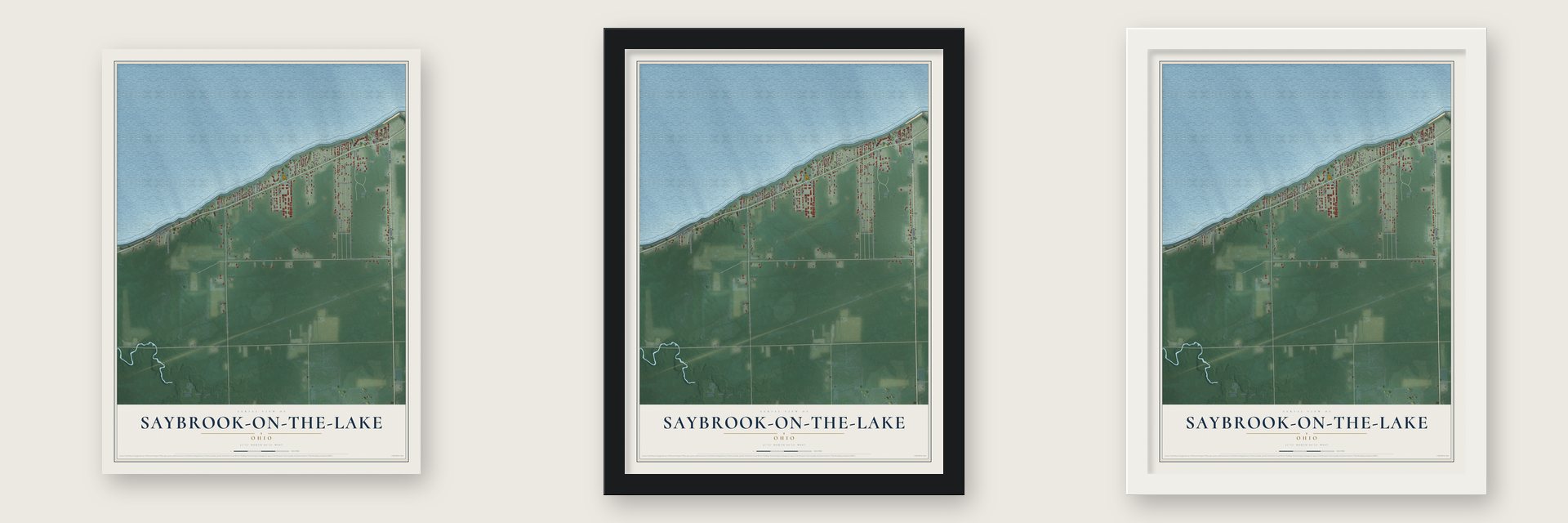 Saybrook-on-the-Lake, Ohio map unframed, in a black wood frame and in a white wood frame