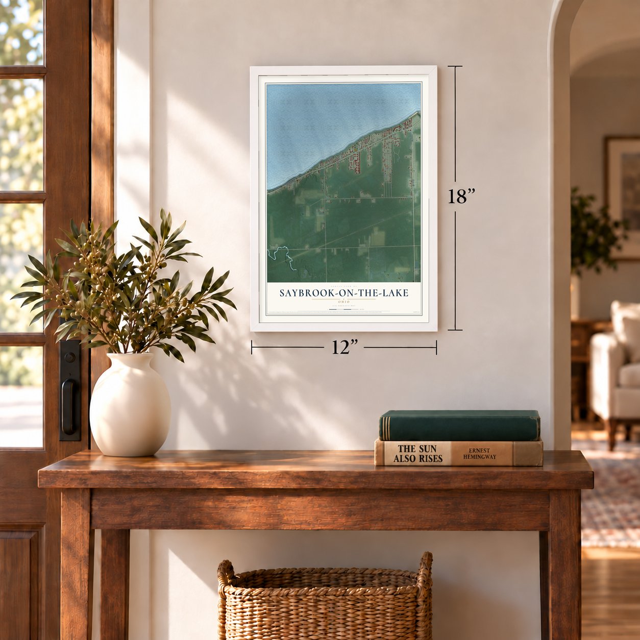 Saybrook-on-the-Lake, Ohio map, 12 x 18 inch print in a white frame in an entryway