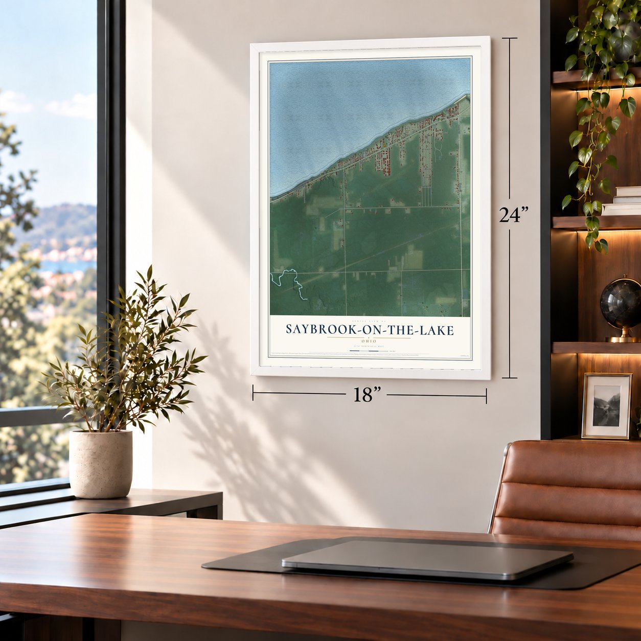 Saybrook-on-the-Lake, Ohio map, 18 x 24 inch print in a white frame in a home office