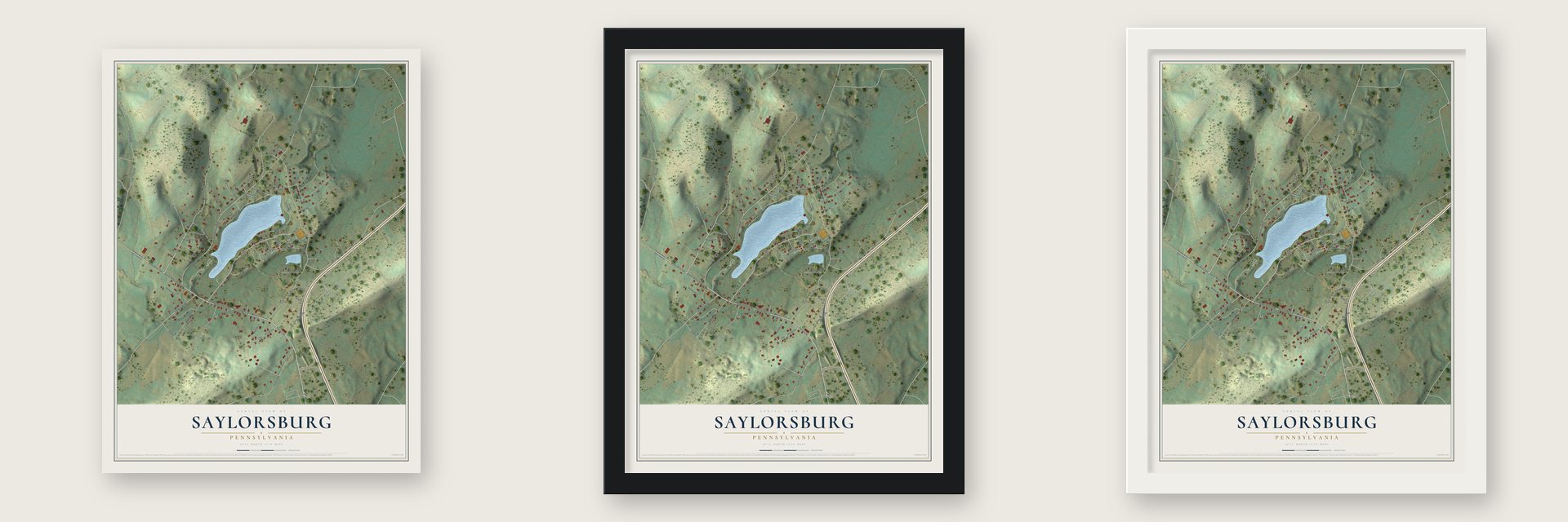 Saylorsburg, Pennsylvania map unframed, in a black wood frame and in a white wood frame