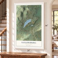 Saylorsburg, Pennsylvania map, 24 x 36 inch print in a white frame by a staircase