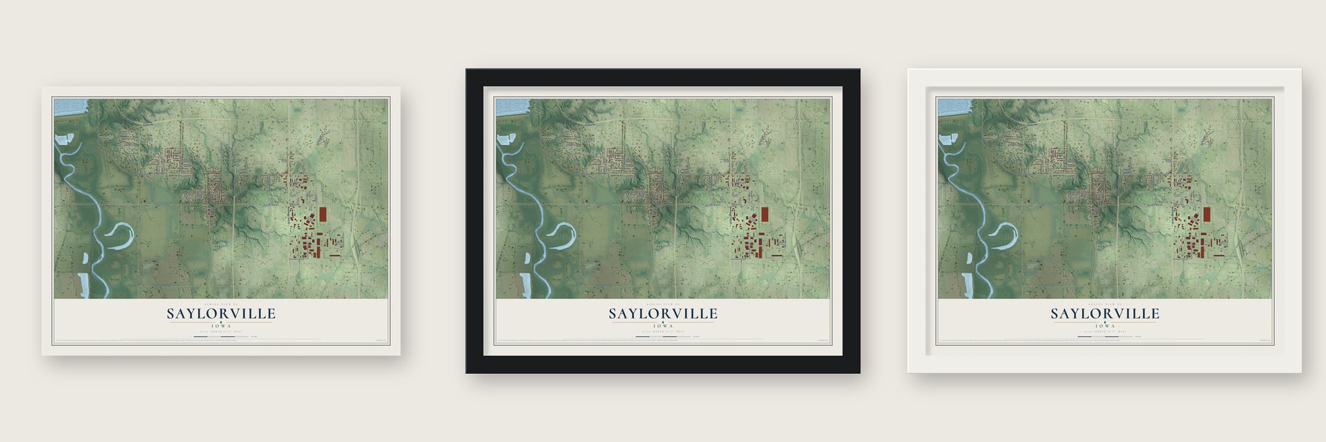 Saylorville, Iowa map unframed, in a black wood frame and in a white wood frame