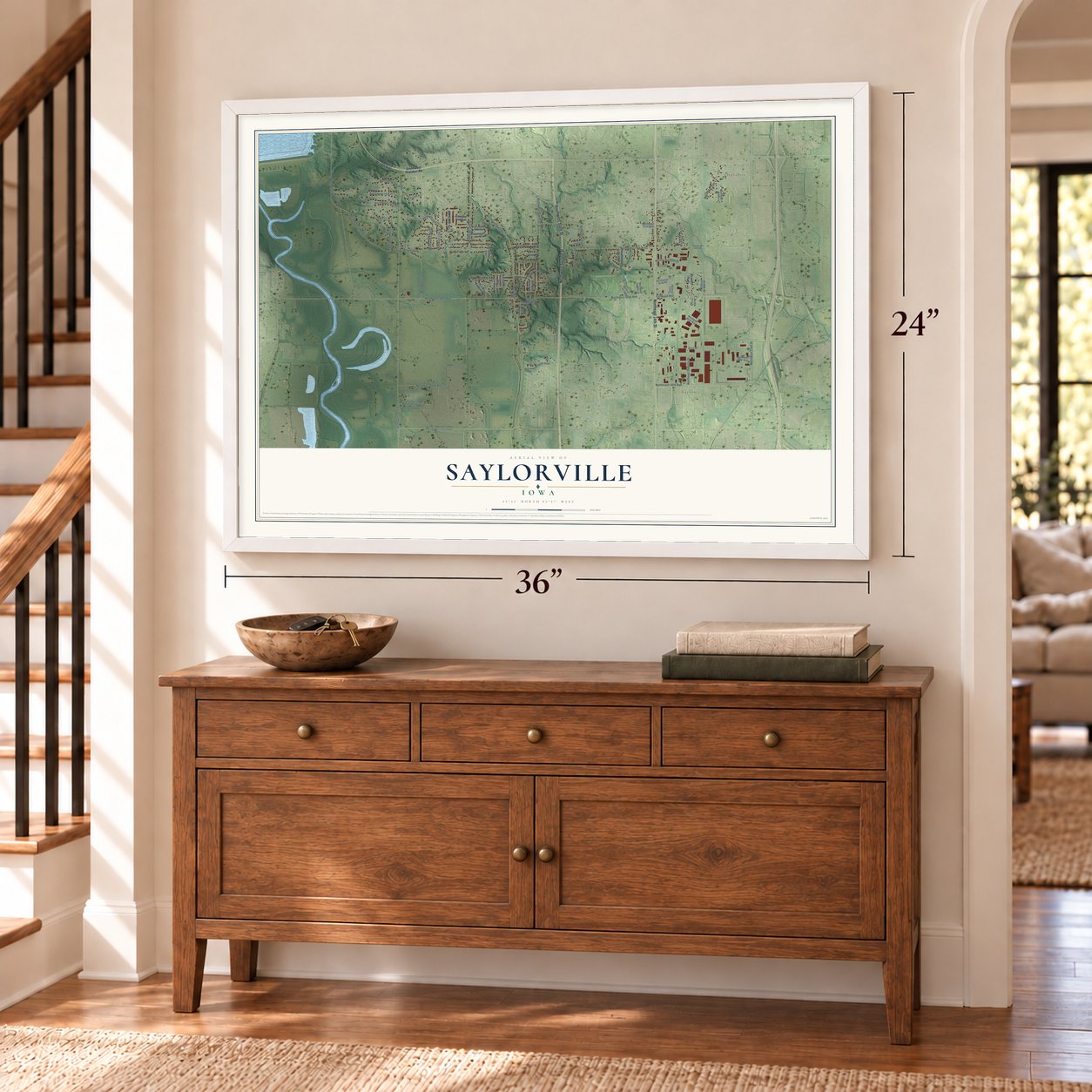 Saylorville, Iowa map, 24 x 36 inch print in a white frame above a dresser by a staircase