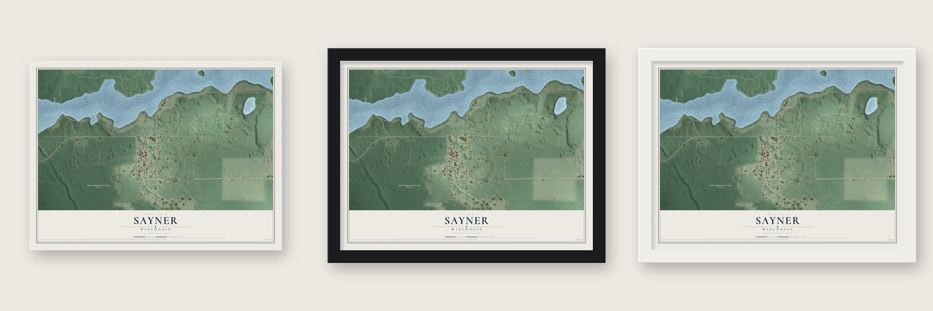Sayner, Wisconsin map unframed, in a black wood frame and in a white wood frame