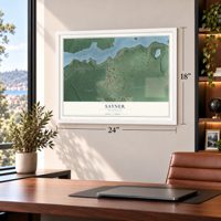 Sayner, Wisconsin map, 18 x 24 inch print in a white frame in a home office