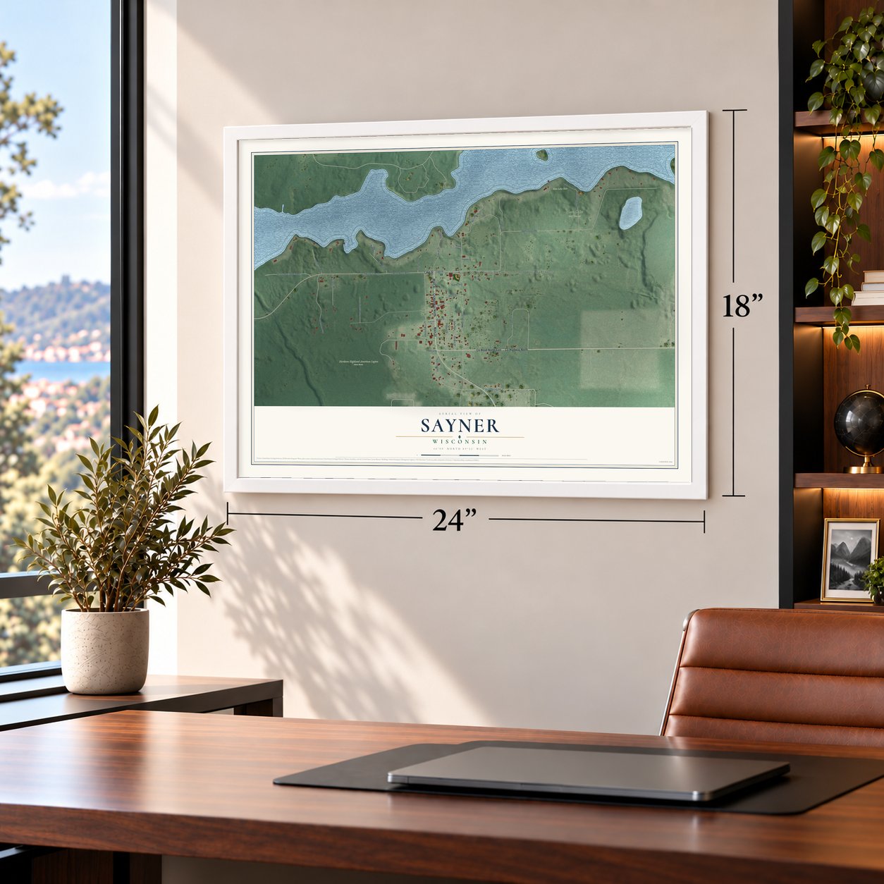 Sayner, Wisconsin map, 18 x 24 inch print in a white frame in a home office