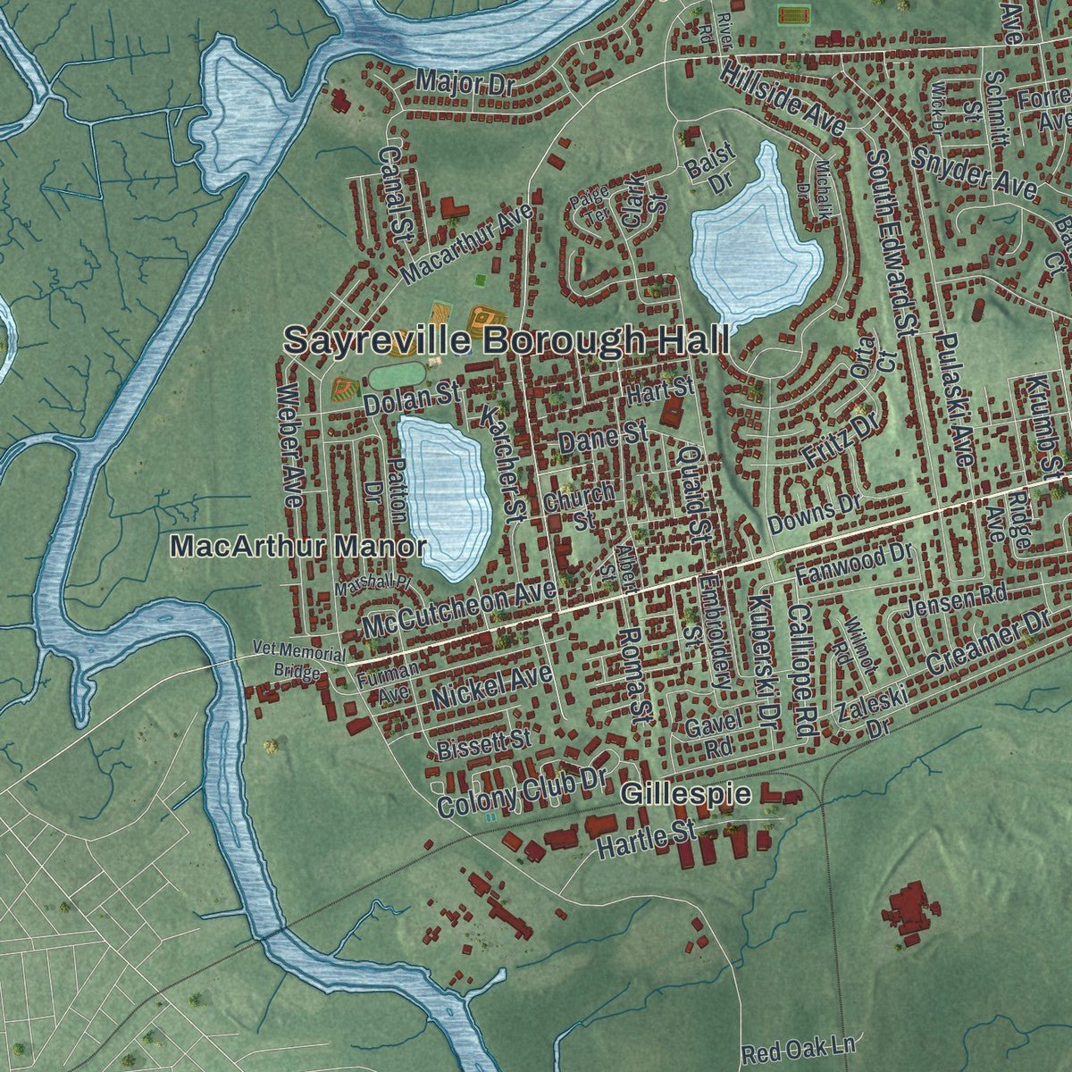 Second close-up of the map of Sayreville, New Jersey print showing more streets and buildings