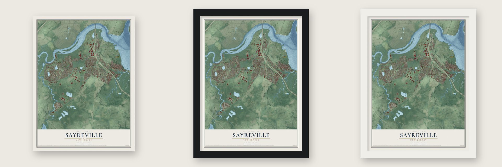 Sayreville, New Jersey map unframed, in a black wood frame and in a white wood frame