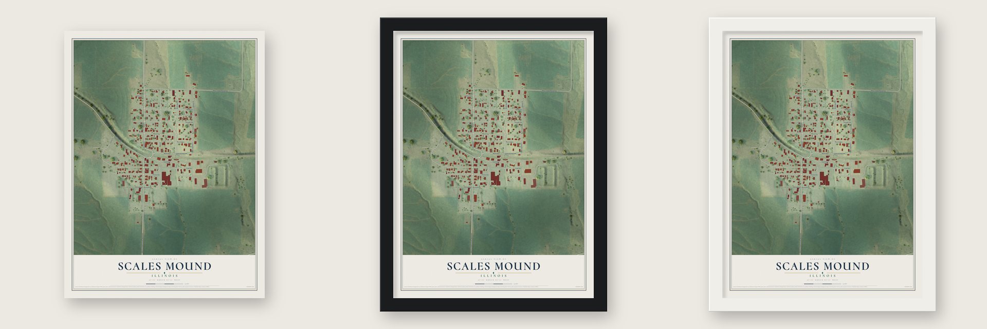 Scales Mound, Illinois map unframed, in a black wood frame and in a white wood frame