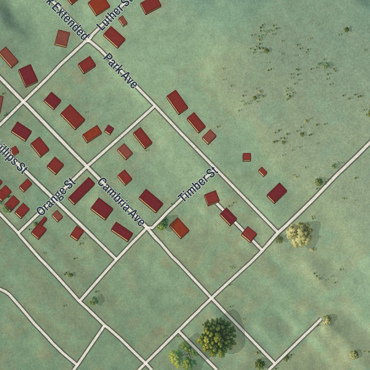 Second close-up of the map of Scalp Level, Pennsylvania print showing more streets and buildings