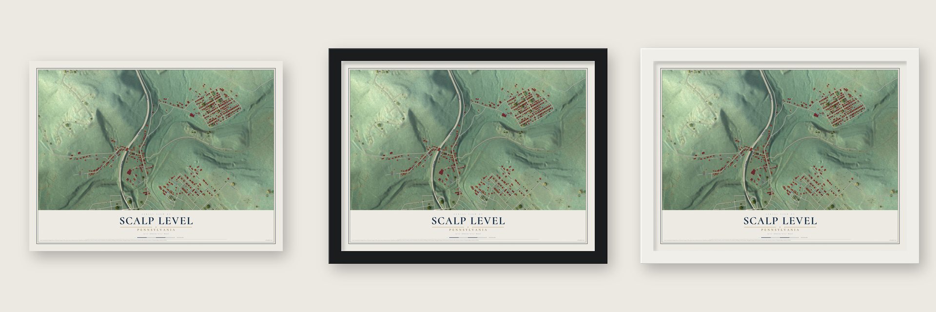 Scalp Level, Pennsylvania map unframed, in a black wood frame and in a white wood frame