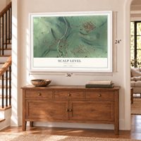 Scalp Level, Pennsylvania map, 24 x 36 inch print in a white frame above a dresser by a staircase