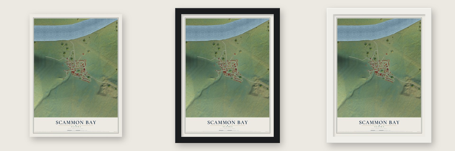 Scammon Bay, Alaska map unframed, in a black wood frame and in a white wood frame
