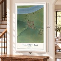 Scammon Bay, Alaska map, 24 x 36 inch print in a white frame by a staircase