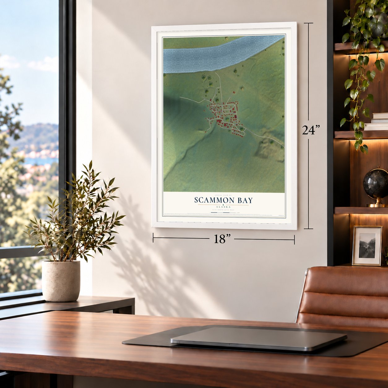 Scammon Bay, Alaska map, 18 x 24 inch print in a white frame in a home office