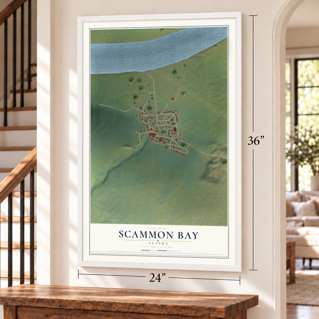 Scammon Bay, Alaska map, 24 x 36 inch print in a white frame by a staircase