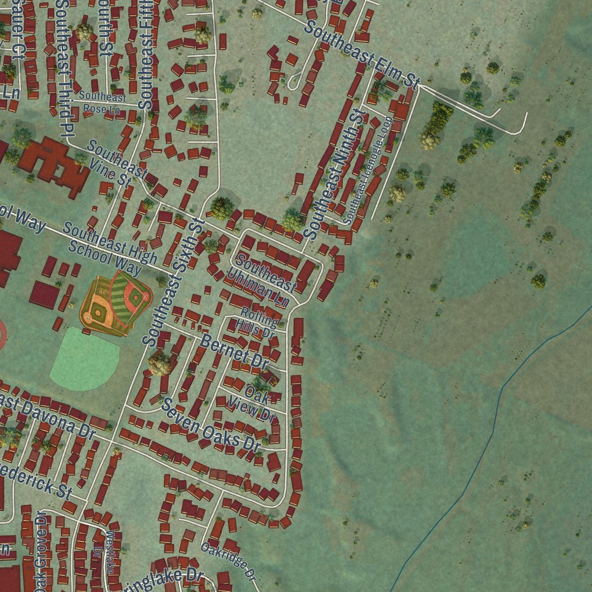 Second close-up of the map of Scappoose, Oregon print showing more streets and buildings