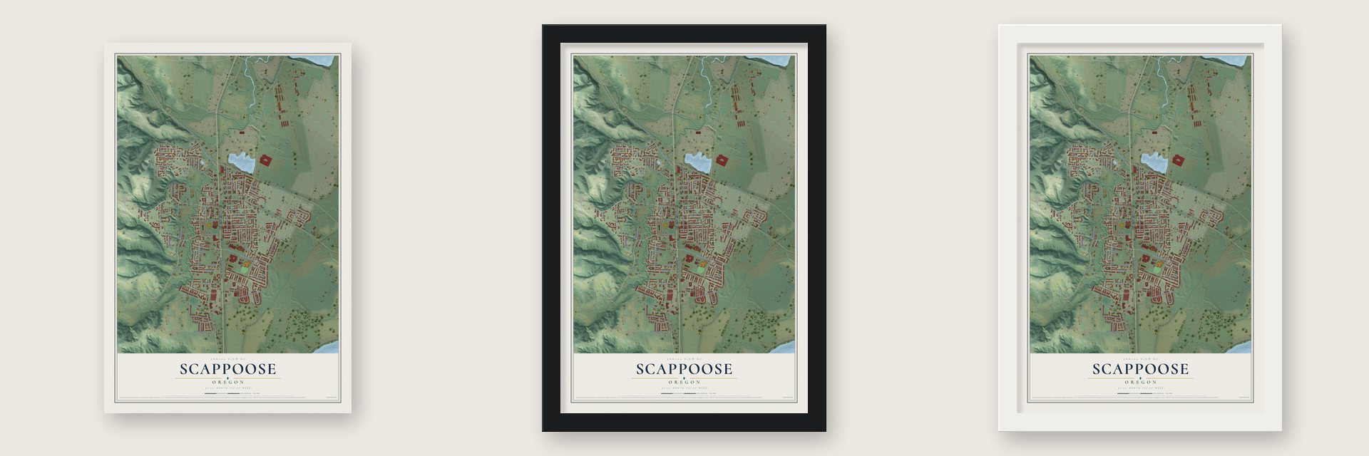 Scappoose, Oregon map unframed, in a black wood frame and in a white wood frame