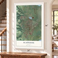 Scappoose, Oregon map, 24 x 36 inch print in a white frame by a staircase