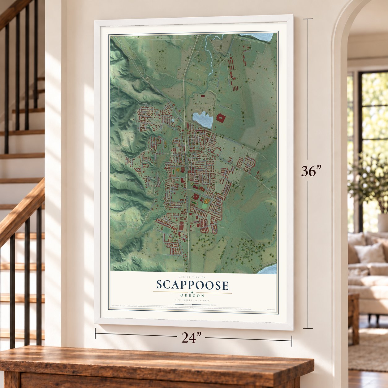 Scappoose, Oregon map, 24 x 36 inch print in a white frame by a staircase