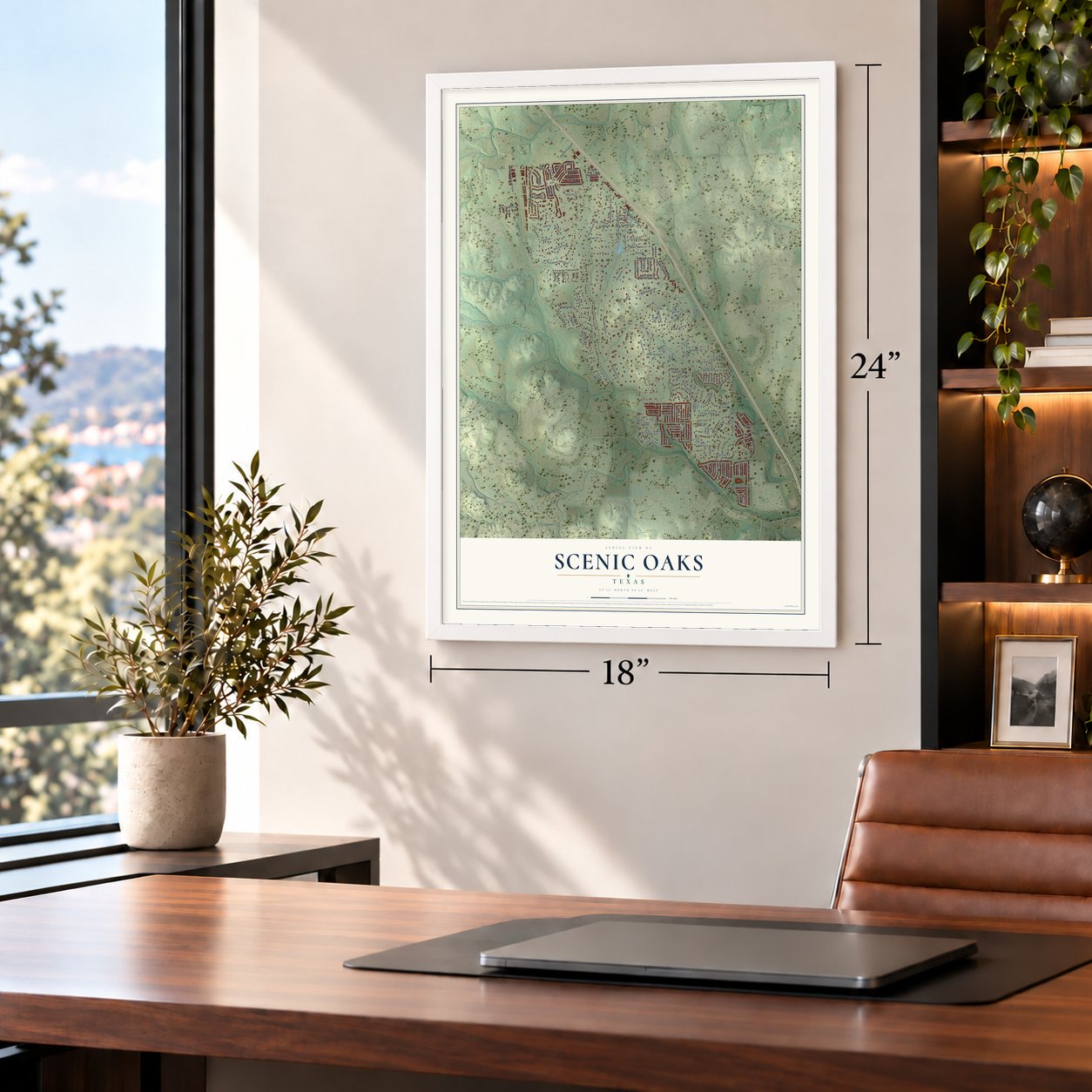 Scenic Oaks, Texas map, 18 x 24 inch print in a white frame in a home office