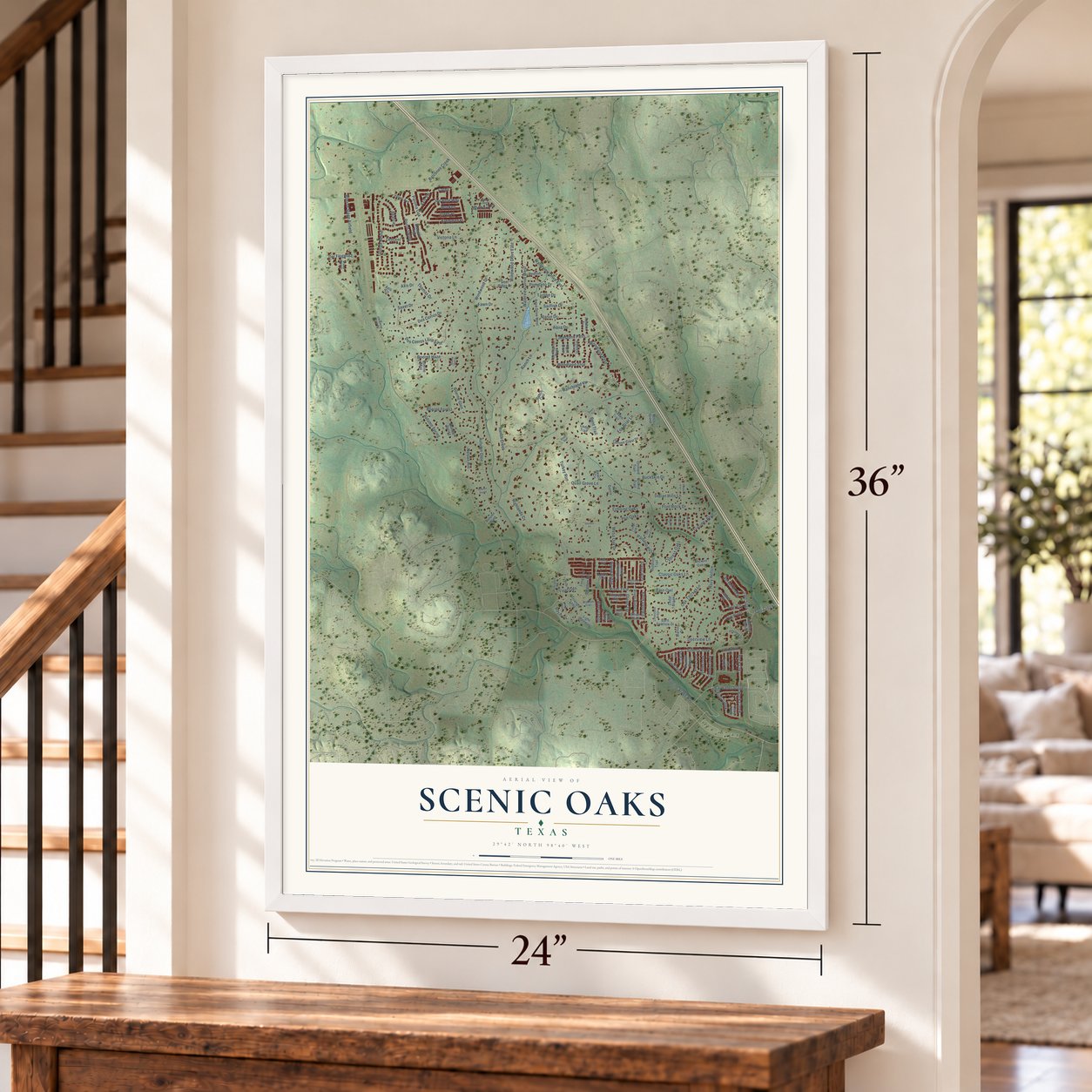 Scenic Oaks, Texas map, 24 x 36 inch print in a white frame by a staircase