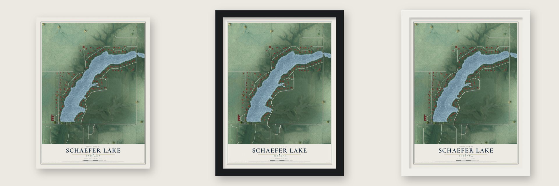 Schaefer Lake, Indiana map unframed, in a black wood frame and in a white wood frame