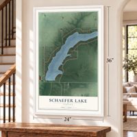 Schaefer Lake, Indiana map, 24 x 36 inch print in a white frame by a staircase