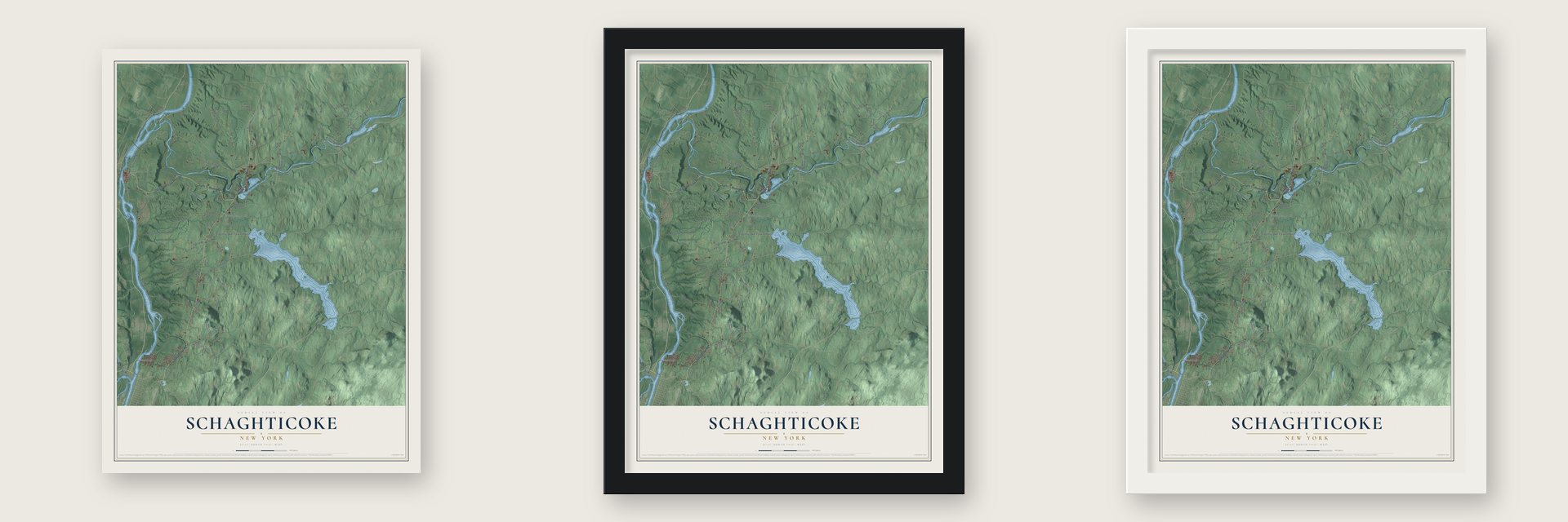 Schaghticoke, New York map unframed, in a black wood frame and in a white wood frame