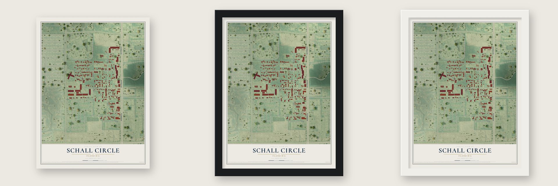 Schall Circle, Florida map unframed, in a black wood frame and in a white wood frame