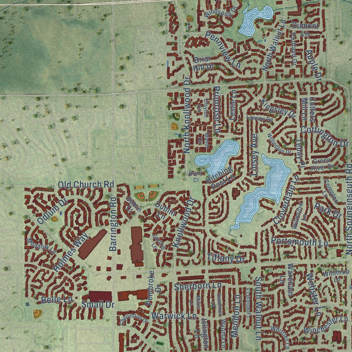 Second close-up of the map of Schaumburg, Illinois print showing more streets and buildings