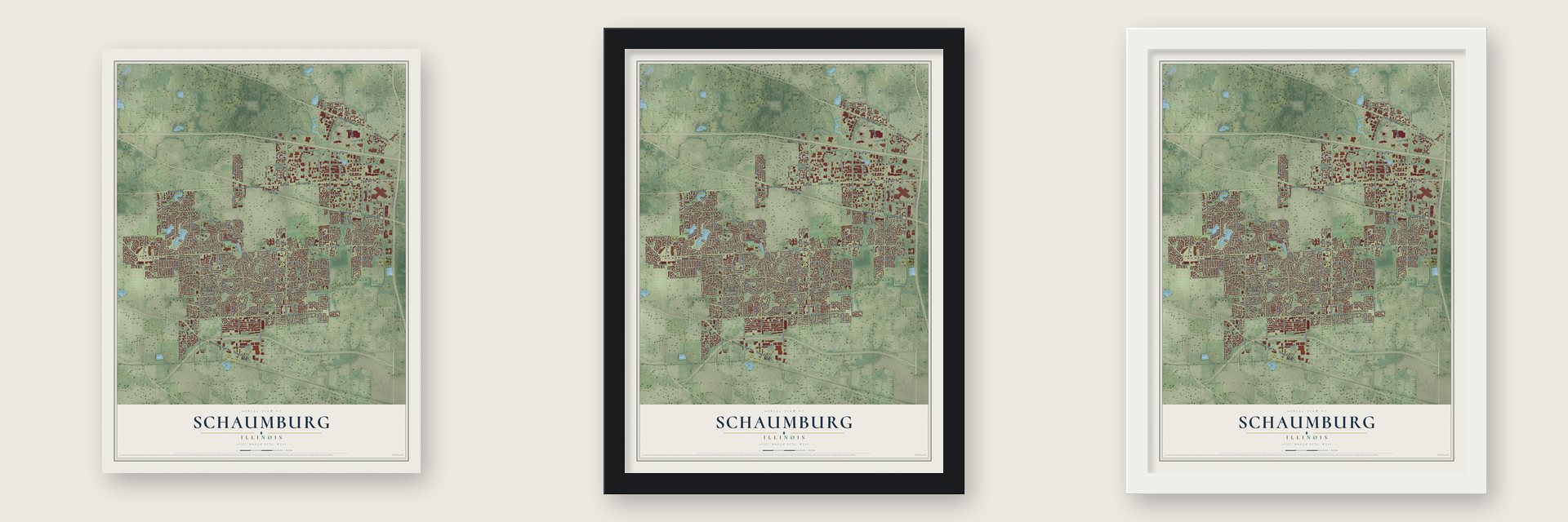 Schaumburg, Illinois map unframed, in a black wood frame and in a white wood frame