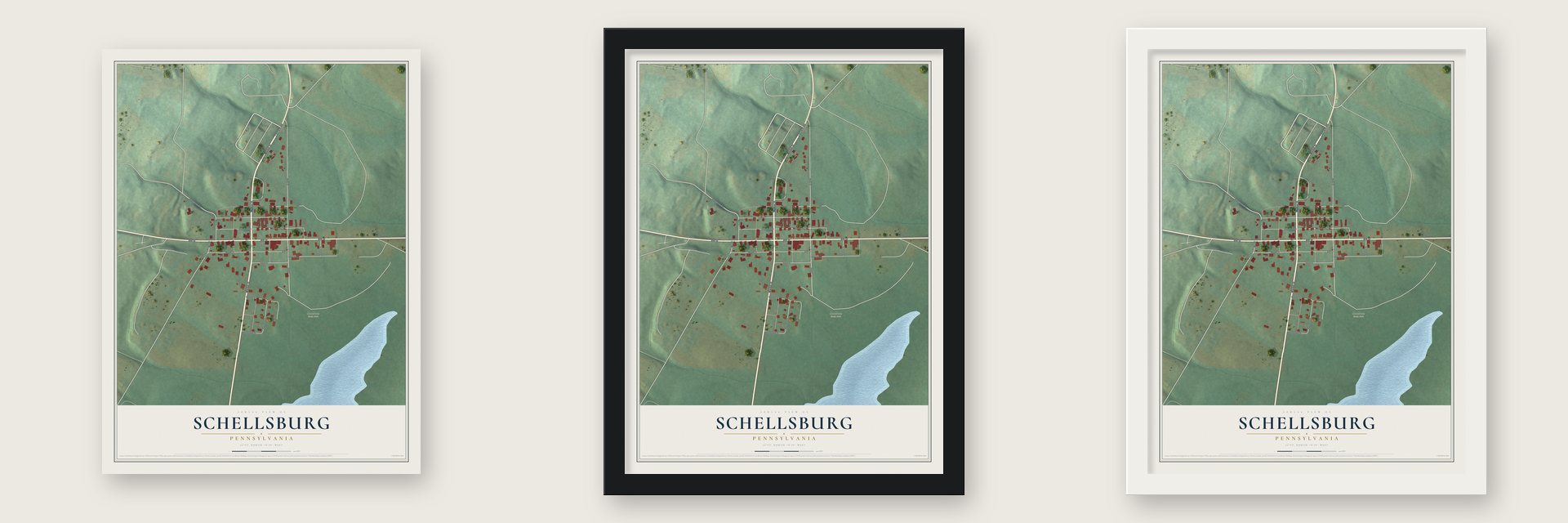 Schellsburg, Pennsylvania map unframed, in a black wood frame and in a white wood frame