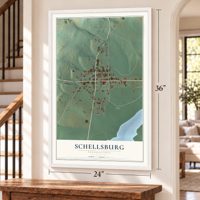 Schellsburg, Pennsylvania map, 24 x 36 inch print in a white frame by a staircase