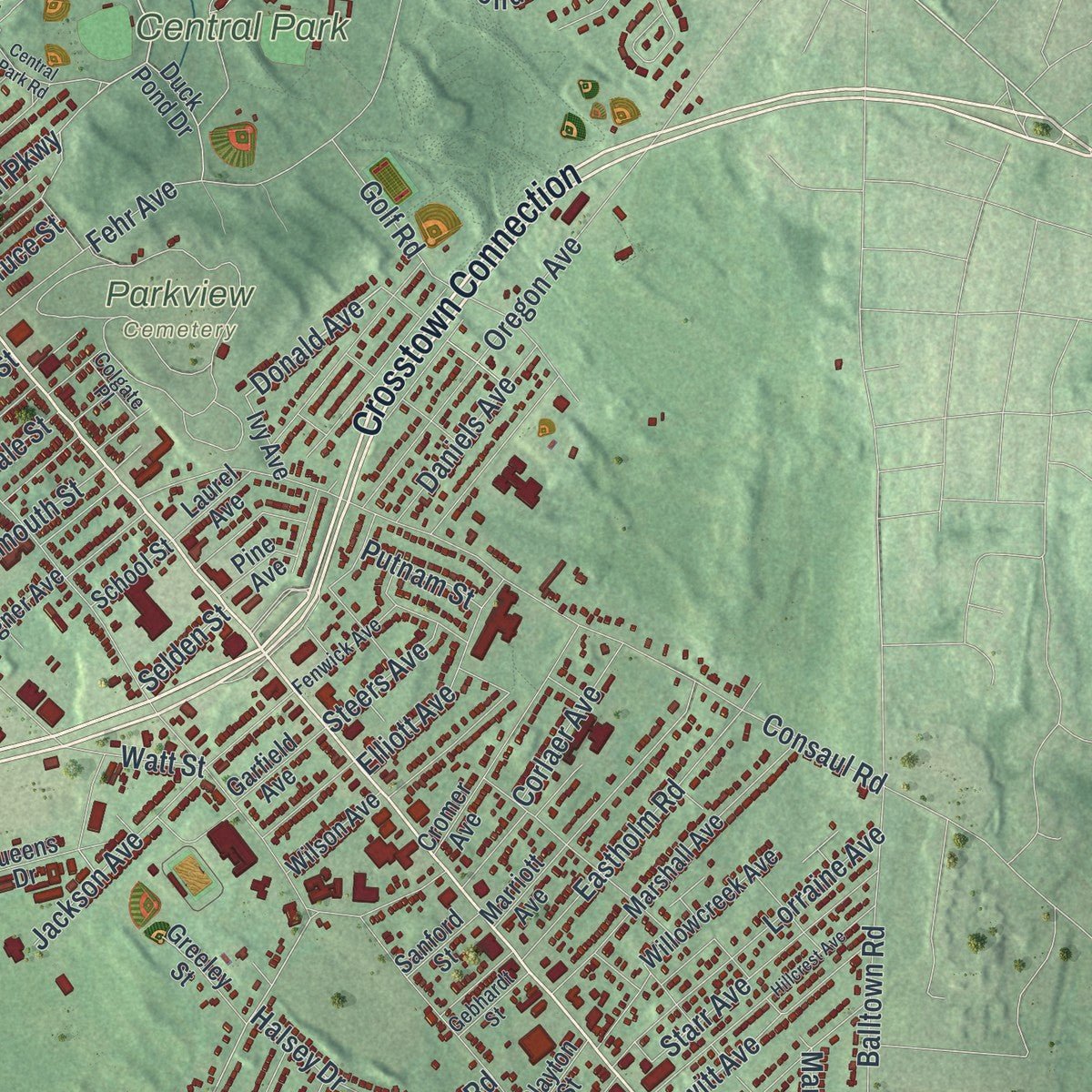 Second close-up of the map of Schenectady, New York print showing more streets and buildings
