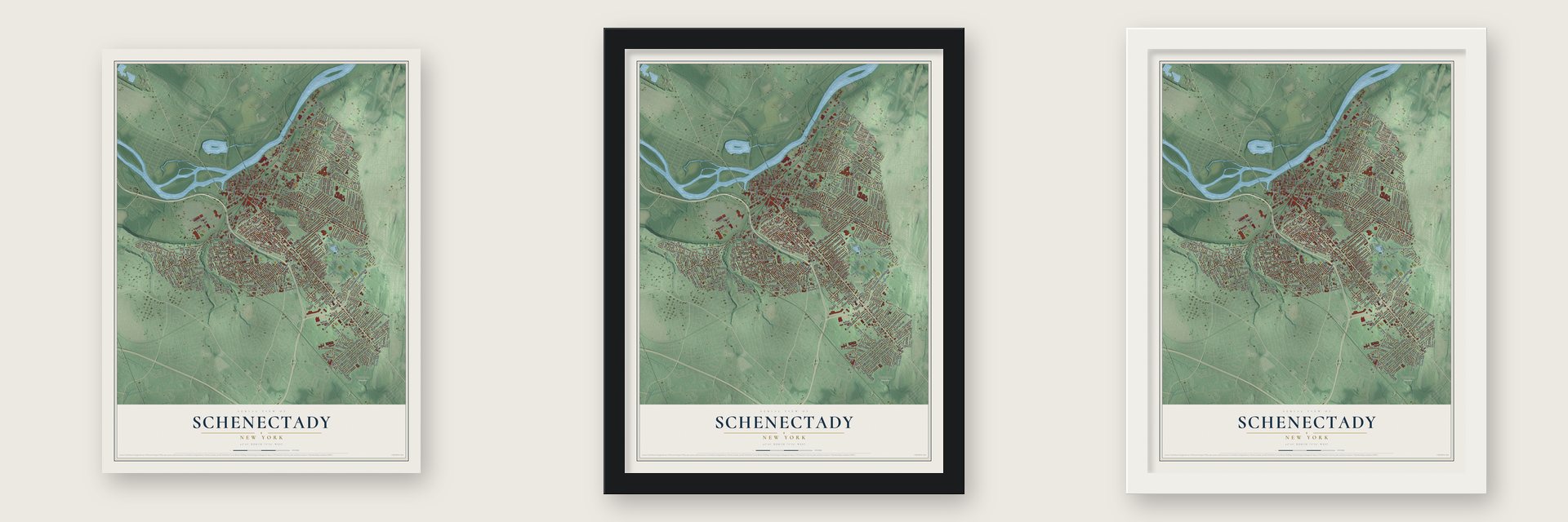 Schenectady, New York map unframed, in a black wood frame and in a white wood frame